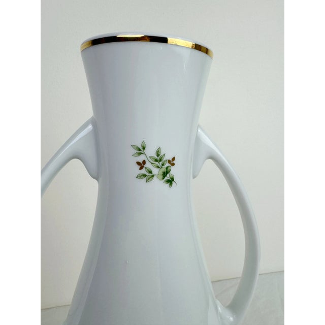 Ceramic 1950s Hollohaza Hungary Erika Green Floral Handled Porcelain Vase For Sale - Image 7 of 11