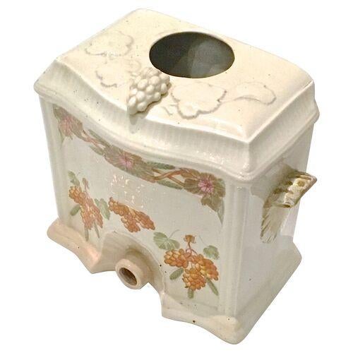 Antique English ceramic liquor cask/decanter with spout and handles. Hand-painted berries and in the relief. Marked...