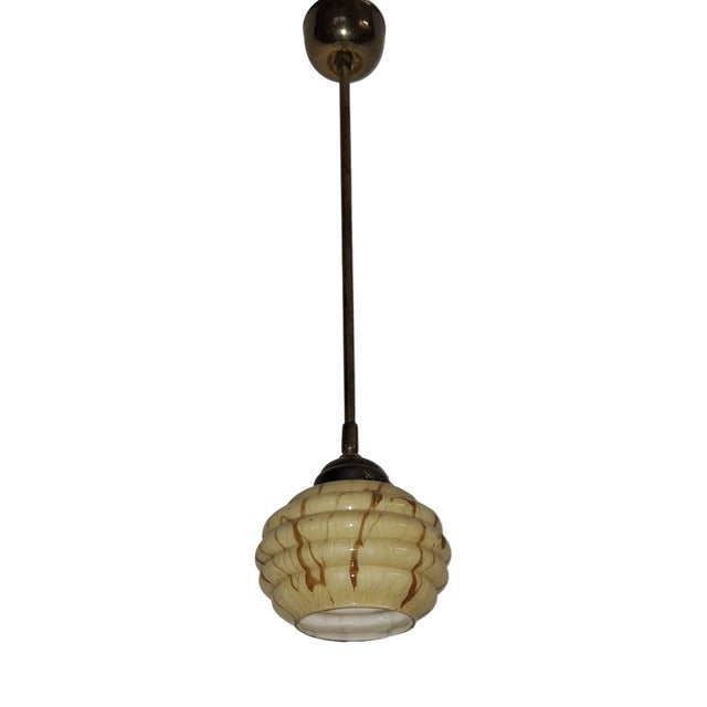 Art Deco Ceiling Lamp in Brass and Yellow-Brown Marbled Glass Shade, 1930s For Sale