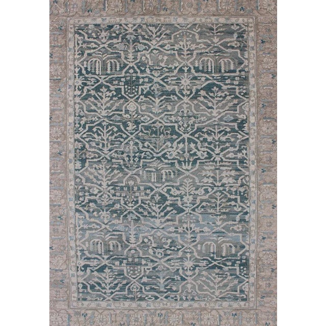 Modern Khotan Rug With Geometric Design in Teal Green/Blue Background ...