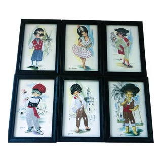 1940’s Signed Gallarda Framed Silk Embroidered Big Eyes Spanish Postcards - Set of 6 For Sale