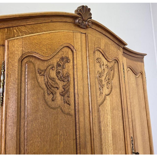 Vintage French Louis XVI Style Carved Oak 4-Door Armoire For Sale - Image 4 of 12
