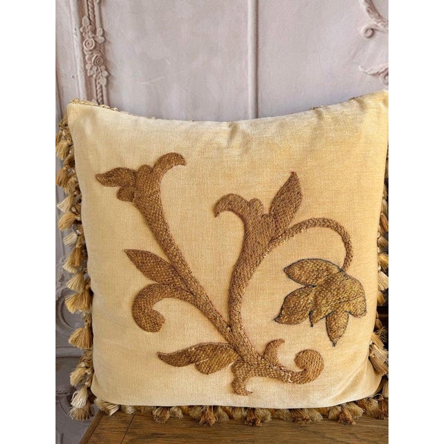 Melissa Levinson Pair of Golden Chenille Pillows W/ 19th Century Metallic Embroidered Appliqués For Sale - Image 4 of 14