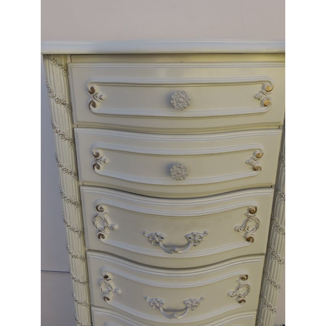 French Shabby Chic Painted Carved Tall Narrow Lingerie Jewelry Chest 6406 For Sale - Image 14 of 18