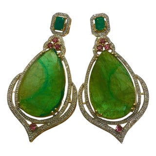 Bochic “Capri” Vintage Emerald, Tourmaline & Diamond Earrings Set In 18K Gold & Silver For Sale
