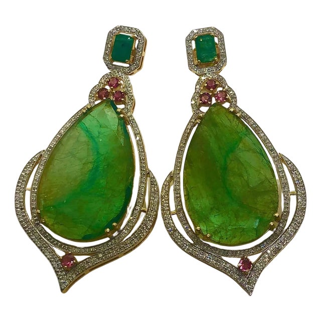 Bochic “Capri” Vintage Emerald, Tourmaline & Diamond Earrings Set In 18K Gold & Silver For Sale