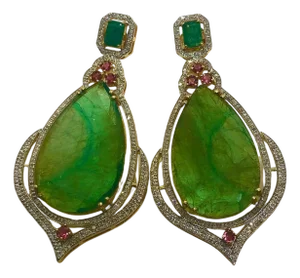 Bochic “Capri” Vintage Emerald, Tourmaline & Diamond Earrings Set In 18K Gold & Silver