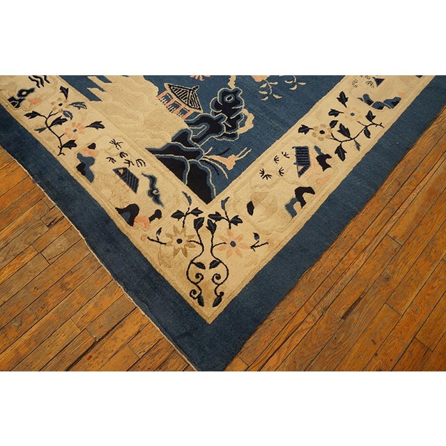 1890s Blue Medallion Scene Pictorial Antique Chinese Peking Rug 11'4" X 17'2" Handknotted Wool Carpet For Sale In New York - Image 6 of 6