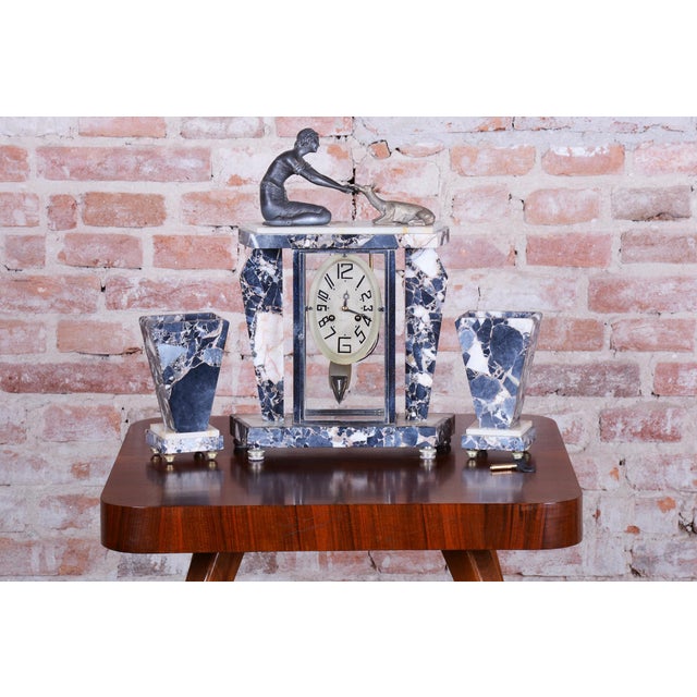 Art Deco Fireplace Clock in Marble, Bronze, and Glass, France, 1920s, Set of 3 For Sale - Image 16 of 18