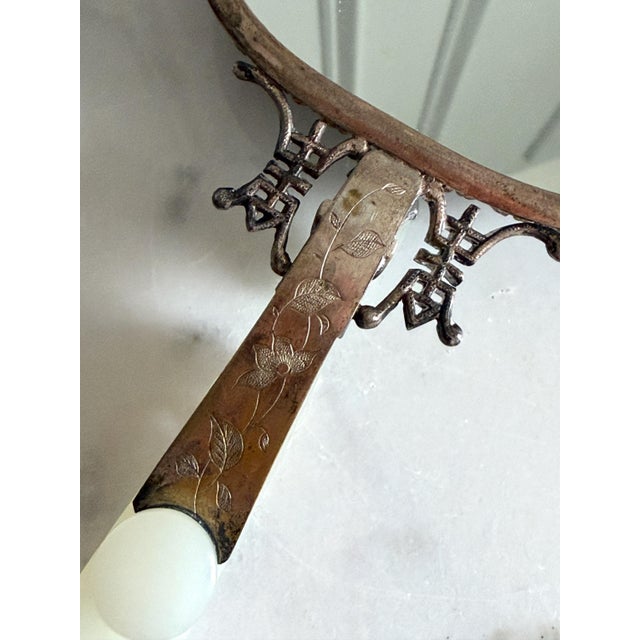 Antique 19th Century Chinese Carved Jade-Mounted and Bejeweled & Repoussé Silver Tone Metal Back Hand Mirror 7.3"x4" For Sale - Image 10 of 13