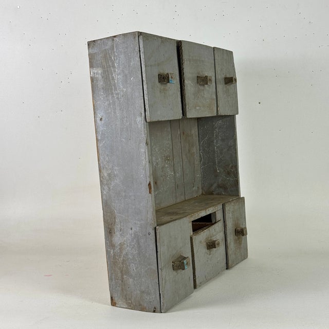 Mid 20th Century Vintage Primitive Home Constructed Wooden Multi Drawer Display Apothecary Painted Cabinet For Sale - Image 5 of 9