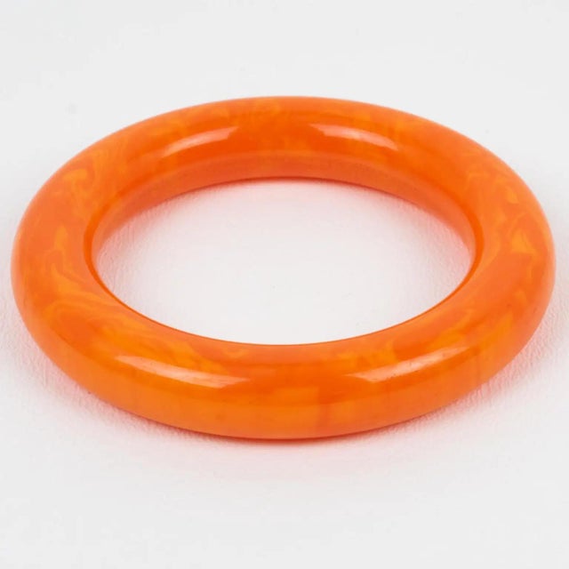 Bakelite Bracelet Bangle Tangerine Orange Marble, with Tube Shape For Sale - Image 4 of 8