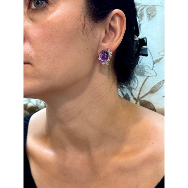 22 Ct Natural Amethyst & 3.60 Ct Pear shape Diamond Stud Earrings, 14KWG, A Pair For Sale - Image 12 of 18