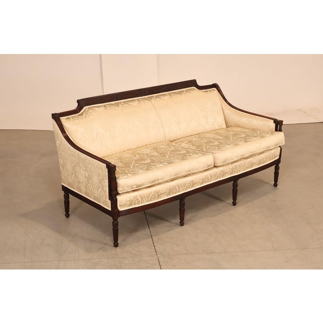 High Quality Upholstered Sofa Featuring A Federal Sheraton Style Carved Solid Mahogany Frame With Fluted Tapered Legs,...