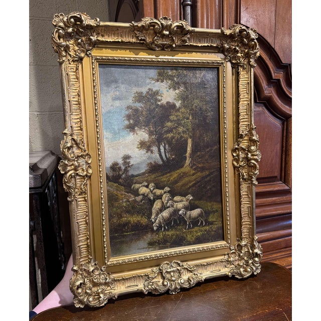 19th Century Italian Sheep Oil Painting in Carved Gilt Frame Signed G. Milone For Sale - Image 12 of 12