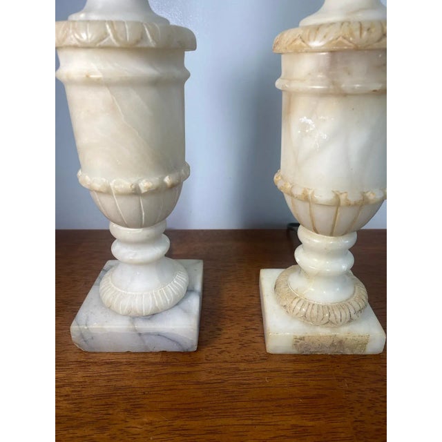 Alabaster Pair of Mid Century Romanian Alabaster Marble Urn Table Lamps Neoclassical For Sale - Image 8 of 15