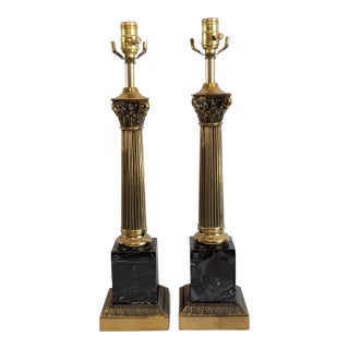 Vintage Mid Century Portora Black Marble and Brass Table Lamps, a Pair For Sale