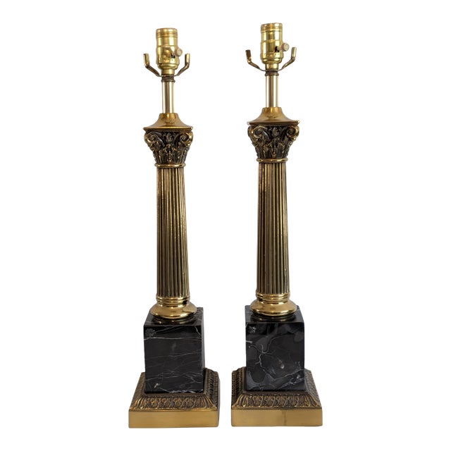 Vintage Mid Century Portora Black Marble and Brass Table Lamps, a Pair For Sale