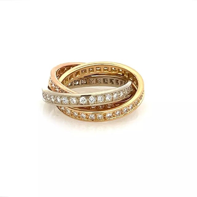 1990s Cartier Trinity Diamond 18k Tricolor Gold Rolling Band Ring Size 6 W/Paper For Sale - Image 5 of 7
