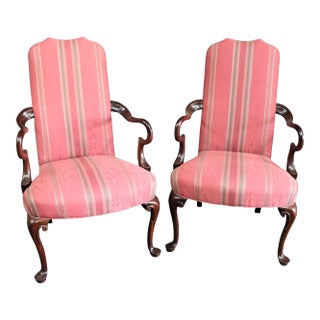 Southwood Queen Anne Style Mahogany Upholstered Open Armchairs - a Pair For Sale