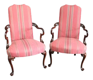 Southwood Queen Anne Style Mahogany Upholstered Open Armchairs - a Pair