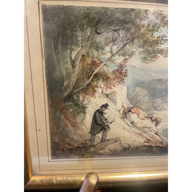 1848 landscape watercolor by Casper Scheuren 1810-1867 Germany Intricate antique German landscape with figures 9W x 6 1/2...