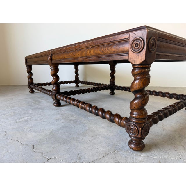 Elegant vintage Henredon rectangular coffee table featuring beautifully turned barley twist legs and stretchers, paired...