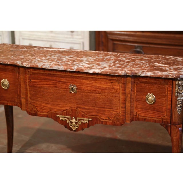 French 19th Century French Louis XVI Rosewood Marquetry Console With Rouge Marble For Sale - Image 3 of 13