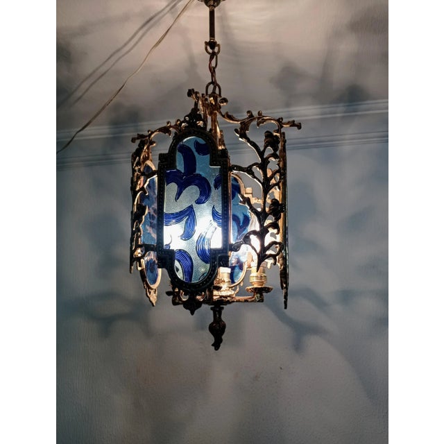 Vintage French Brass Stained Glass Style Blue Colored Chandelier Basket Ceiling Fixture For Sale - Image 4 of 11