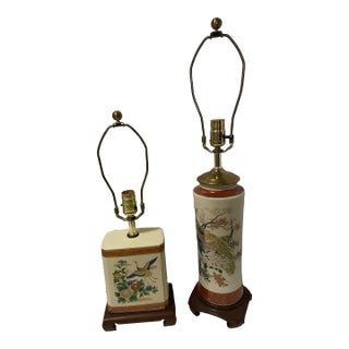 Mid 20th Century Asian Peacock Floral Ceramic Lamps - Set of 2 For Sale