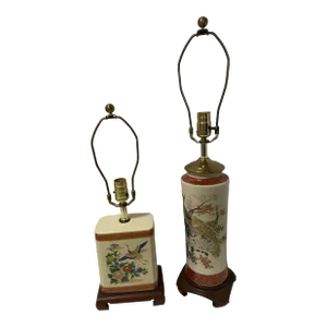 Mid 20th Century Asian Peacock Floral Ceramic Lamps - Set of 2