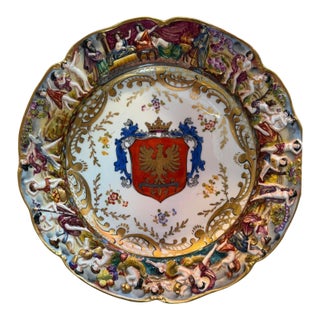 Antique 19c German Porcelain Gold & Red Eagle Armorial Crest Plate W Capodimonte Mark For Sale