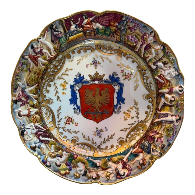 Antique 19c German Porcelain Gold & Red Eagle Armorial Crest Plate W Capodimonte Mark For Sale
