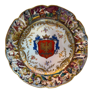 Antique 19c German Porcelain Gold & Red Eagle Armorial Crest Plate W Capodimonte Mark