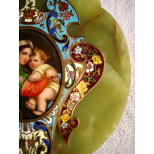 Mid 19th Century French Napoleon III Onyx Champleve and Limoges Plaque Large Holy Water For Sale - Image 4 of 10