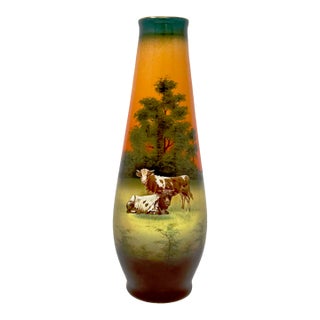 Vintage Rh Austria Pottery Vase Signed Hall Scenic Cattle Sunset C. 1890-1914 For Sale