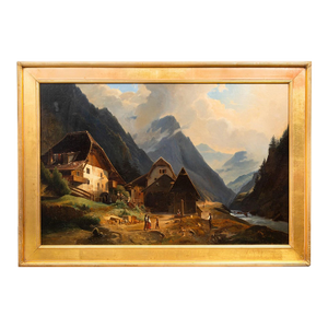 Continental School Alpine Village Oil Painting, Late 19th Century