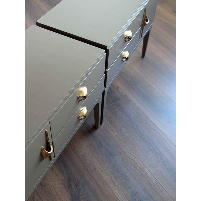 Wood Mid Century Modern Pair of Grey Nightstands W/ Amazing Brass Hardware For Sale - Image 7 of 10