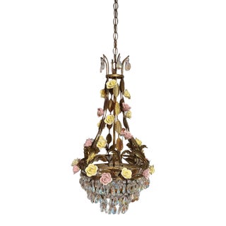 Mid 20th Century Art Nouveau Porcelain Rose Chandelier For Sale