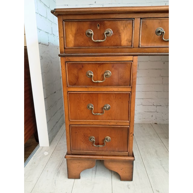 Antique Twin Pedestal Desk in Dark Yew Wood and Leather Top, 1980 For Sale - Image 17 of 18