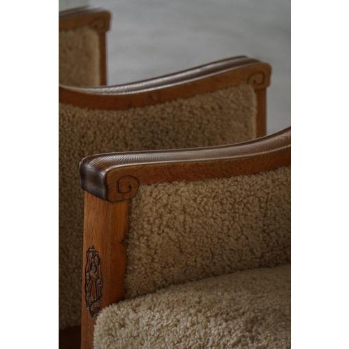 Art Deco Danish Armchairs in Oak and Shearling Lambswool, 1930s, Set of 2 For Sale - Image 9 of 18
