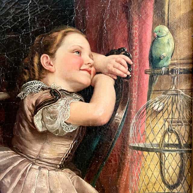 A framed, over-painted Chromolithograph on canvas, a portrait of a young girl, circa 1880 -1890. The original oil painting...