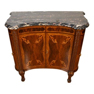 1920 Antique French Louis XVI Walnut Satin Wood Inlaid Marble Top Commode Chest of Drawers For Sale