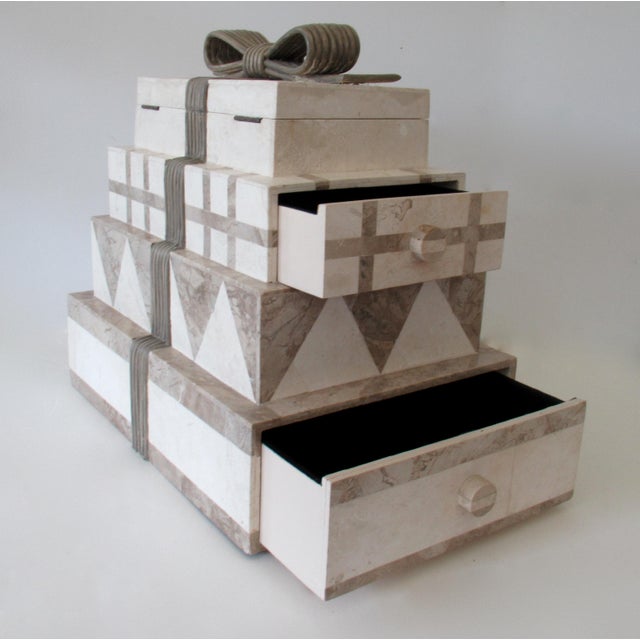 Wood Vintage C.1980's "Monet's" Renoir Tessellated Stone & Wicker, "Behemoth," 4-Tiered Jewelry Box For Sale - Image 7 of 12