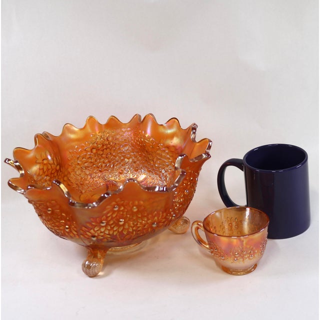Early 20th Century Fenton Marigold Carnival Glass "Orange Tree" Footed Master Fruit Bowl & Cup Set - 7 Pieces For Sale - Image 11 of 11