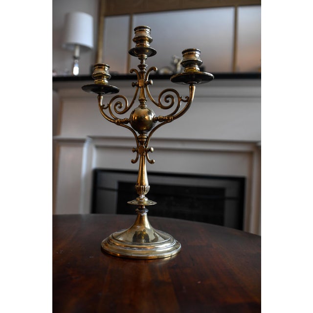Late 19th Century Brass 3-Armed Candelabra Victorian Brass Candleholder Birmingham, England For Sale - Image 5 of 15