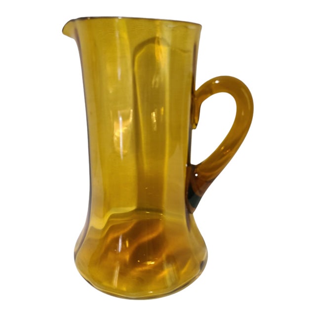 Vintage Italian Hand Blown Amber Art Glass Attached Handle Pitcher For Sale