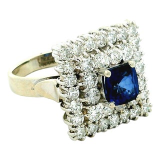 Vintage Sapphire & Diamond Square Cluster Ring in 14k White Gold, Size 7 For Sale