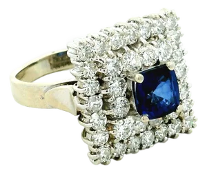 Vintage Sapphire & Diamond Square Cluster Ring in 14k White Gold, Size 7