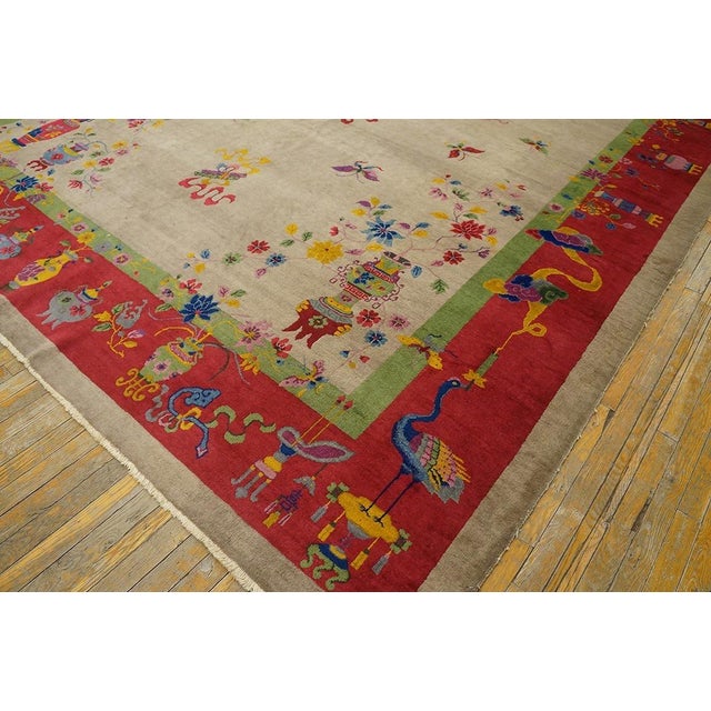 Gorgeous Tan-Ecru Ground Color With Red-Raspbery Border in a Chinoiserie Pattern Antique Chinese Art Deco Rug For Sale - Image 12 of 12